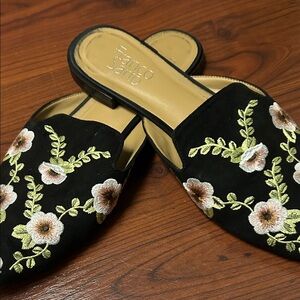 Franco Sarto Black Embroidered Floral Mule Slides